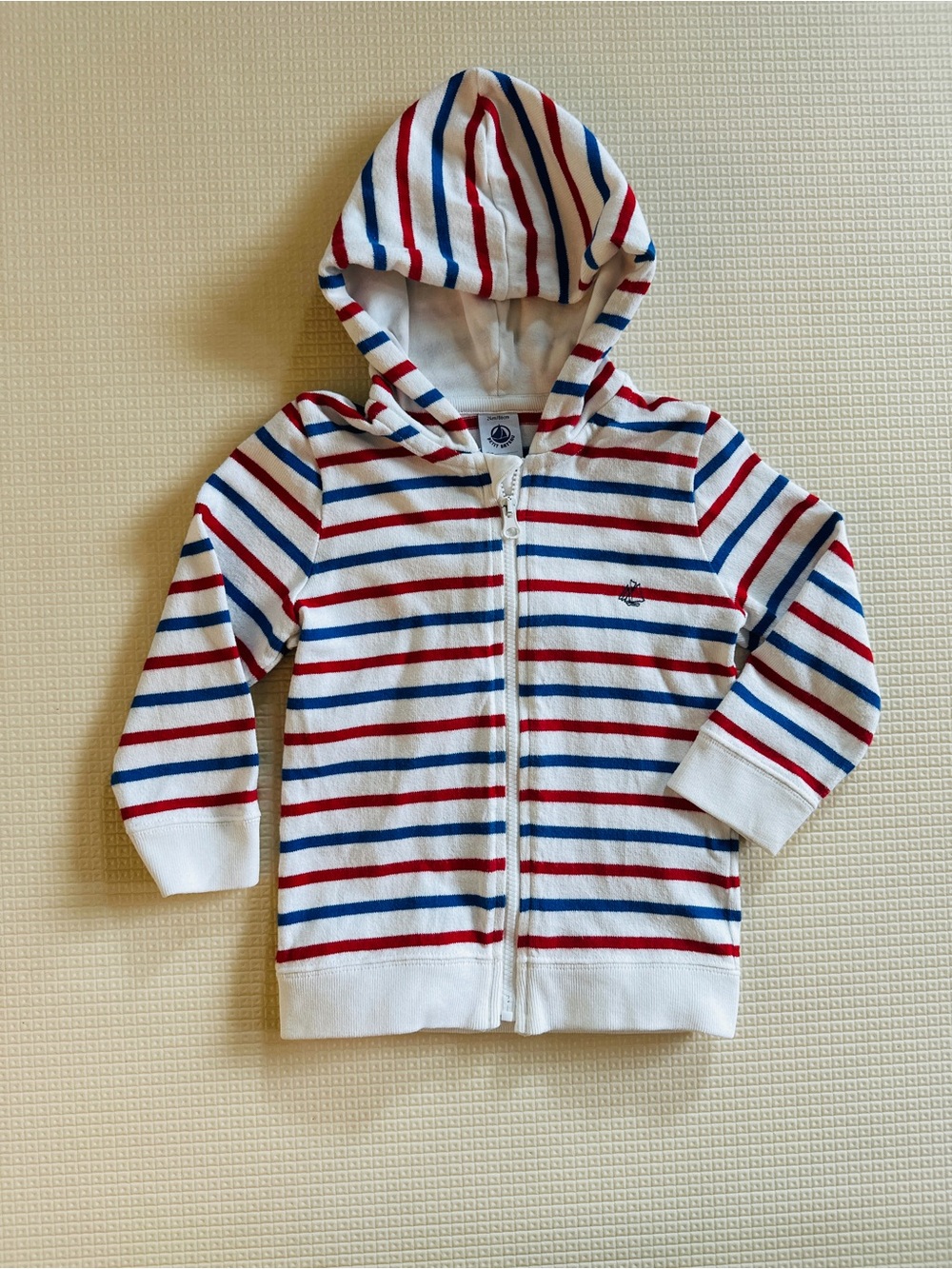 Petit Bateau White Hooded Zip-Up with Red & Blue Stripes